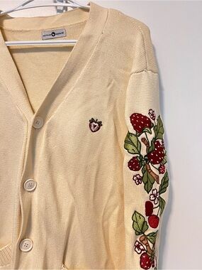 Strawberry Cream Button Cardigan Cotton Sweater Berries/Floral Sleeve Embroidery